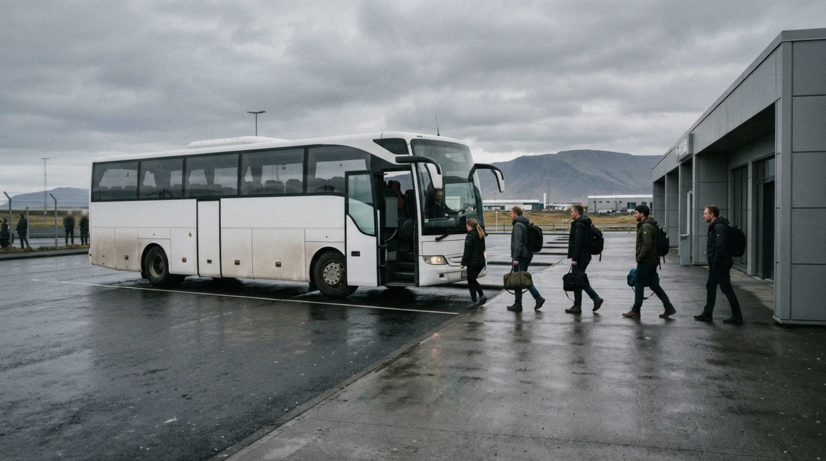 A tour coach waiting at the BSI bus terminal in Reykjavik before a lava tunnel tour from Reykjavik to Raufarholshellir, Iceland