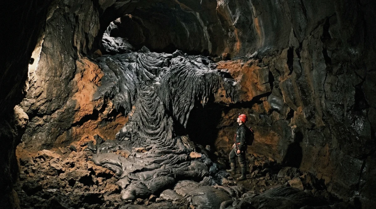 Frozen lava falls at the branching source end of Raufarhólshellir, reached only on the adventure caving tour, Iceland