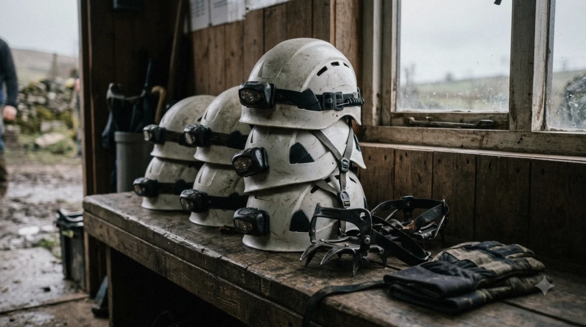 Helmets and headlamps laid out at reception before a Raufarhólshellir lava tunnel tour at the cave entrance in Þrengsli, Iceland