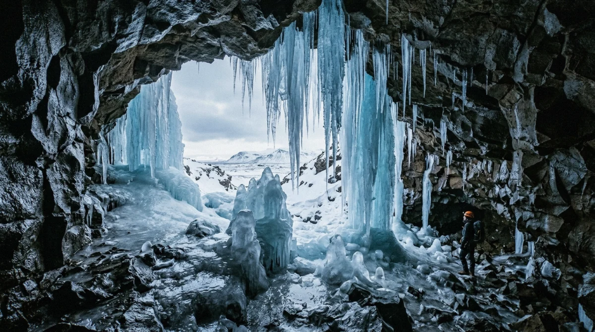 Ice sculptures inside the entrance of the Raufarhólshellir lava tunnel in January, Þrengsli, Iceland