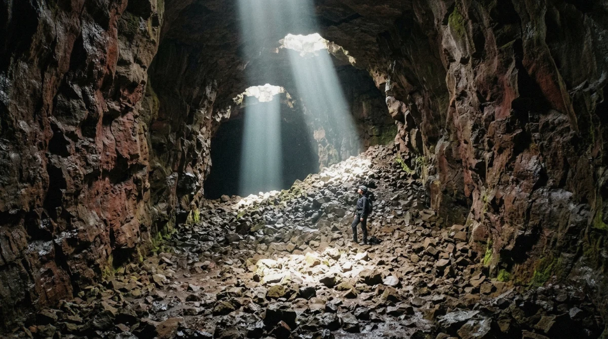 Columns of daylight falling through collapsed skylights near the entrance of Raufarhólshellir, the rubble slope guides route visitors around on a guided lava tunnel tour