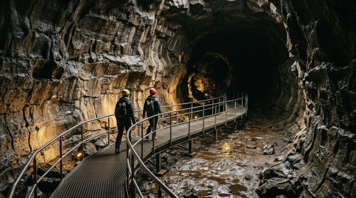 The lit steel-mesh footbridge inside the Raufarhólshellir lava tunnel, the route families with kids walk on a standard tour, Þrengsli, Iceland